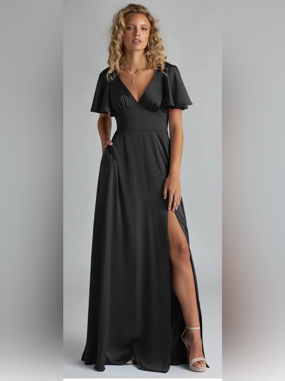 Azazie Ashika chiffon v-neck gown flutter sleeves front slit, pockets. Formal